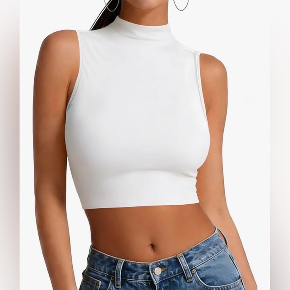 Tops - Verdusa Women's Basic Sleeveless Mock Neck Rib Knit Tank Crop Tops
White M